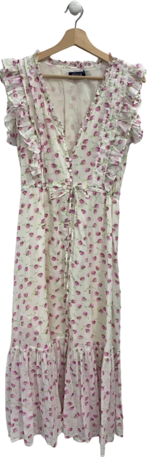 Polo Ralph Lauren White/Pink Floral Ruffled Midi Dress UK 6/8