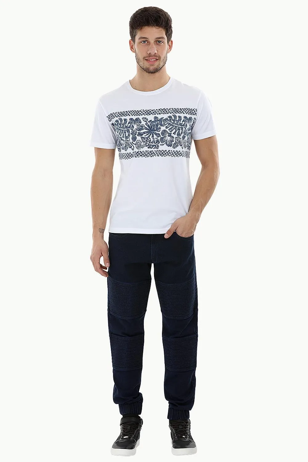Quilted Panel Denim Jogger Pants