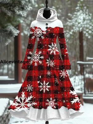 Red Plaid Christmas Art Print Vintage Elegant Long Sleeve Maxi Dress