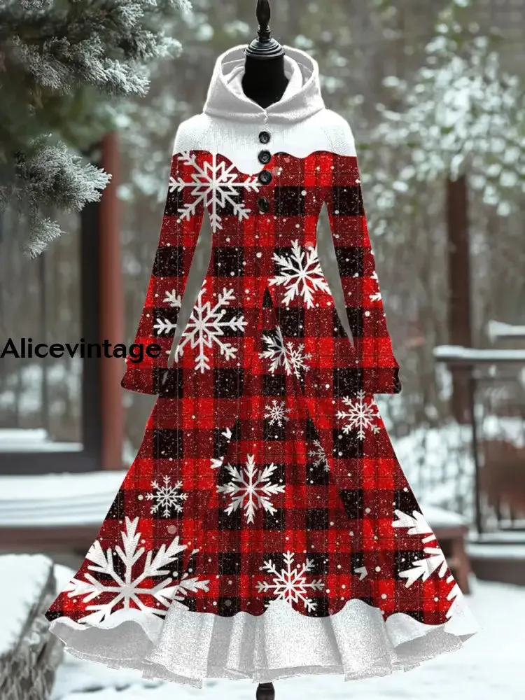 Red Plaid Christmas Art Print Vintage Elegant Long Sleeve Maxi Dress
