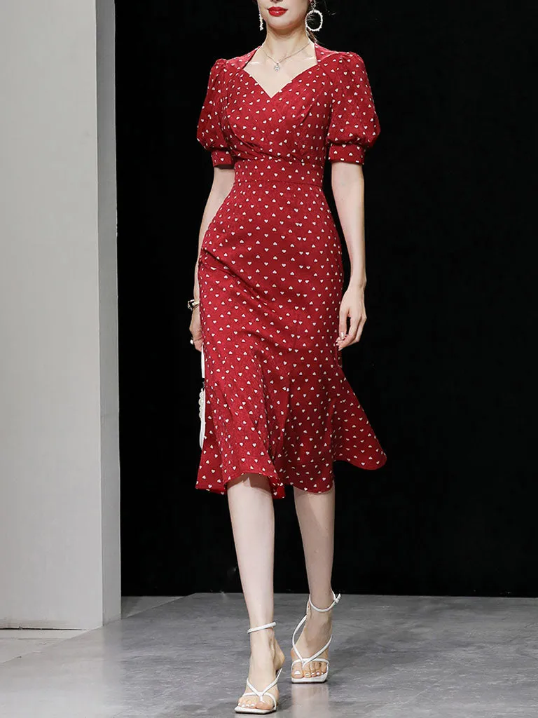 Red V Neck Lantern Sleeves Elegant Jacquard Sweet Heart Fishtail Dress