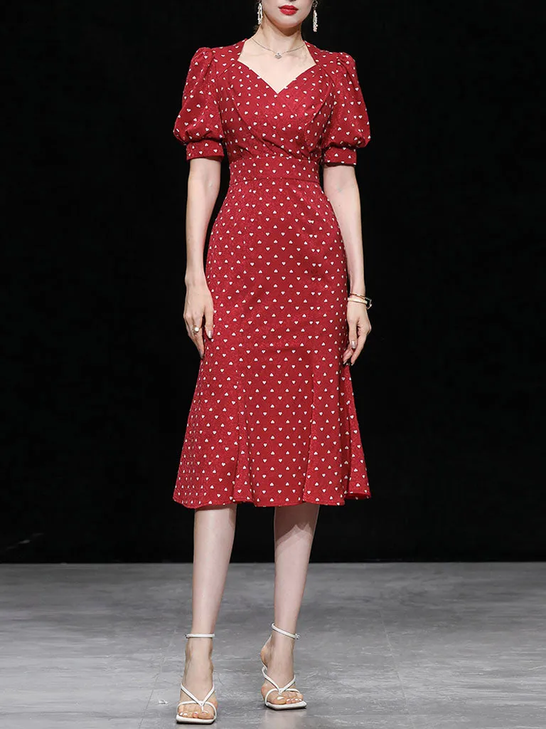 Red V Neck Lantern Sleeves Elegant Jacquard Sweet Heart Fishtail Dress
