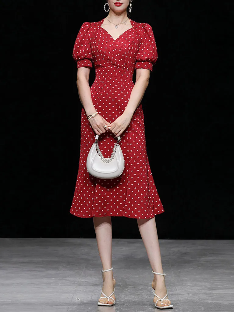 Red V Neck Lantern Sleeves Elegant Jacquard Sweet Heart Fishtail Dress