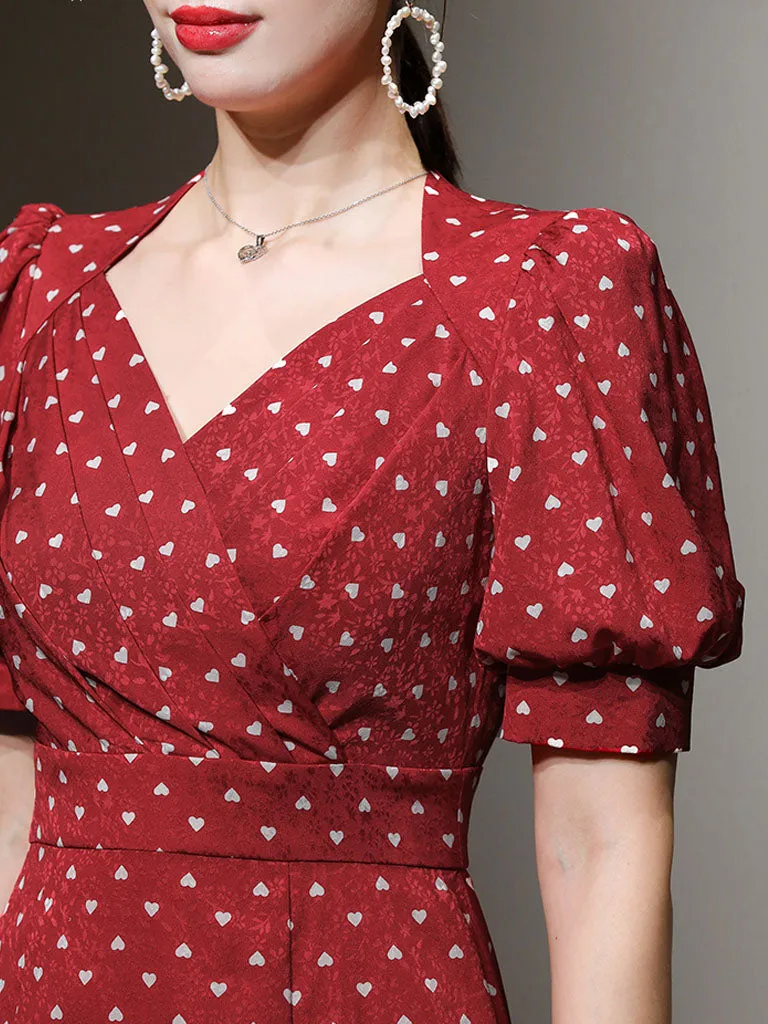 Red V Neck Lantern Sleeves Elegant Jacquard Sweet Heart Fishtail Dress