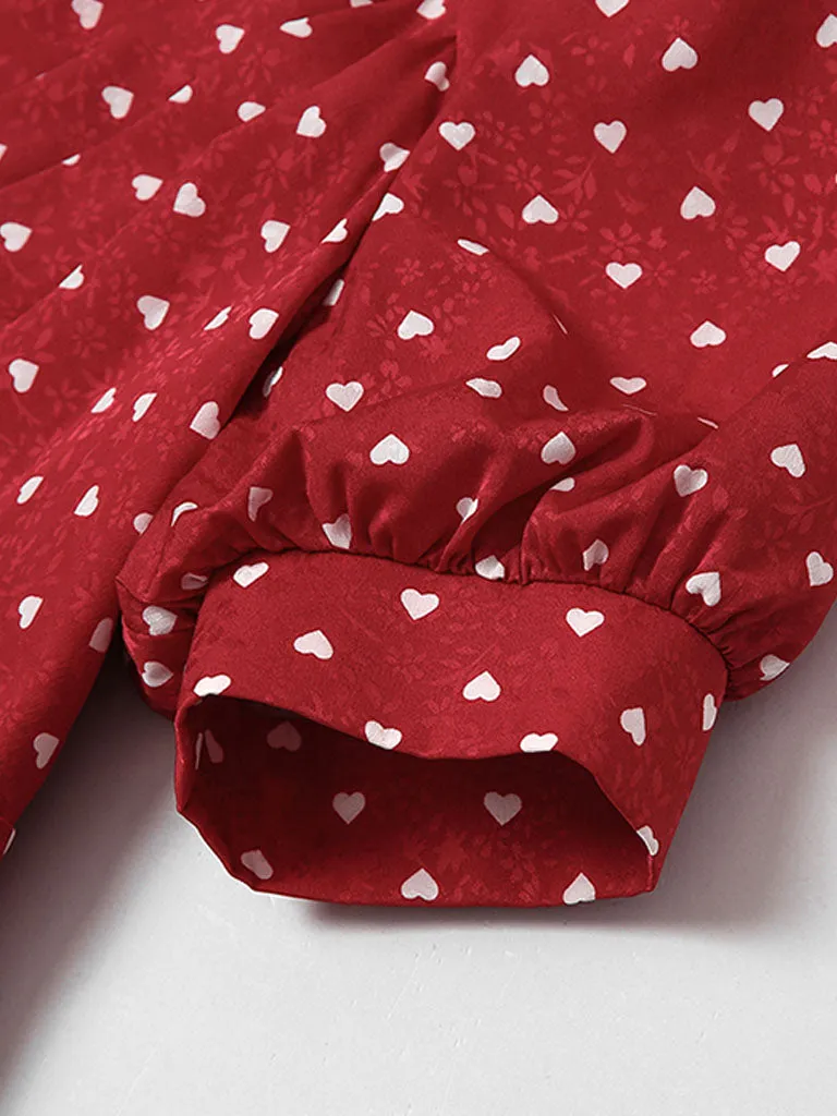 Red V Neck Lantern Sleeves Elegant Jacquard Sweet Heart Fishtail Dress