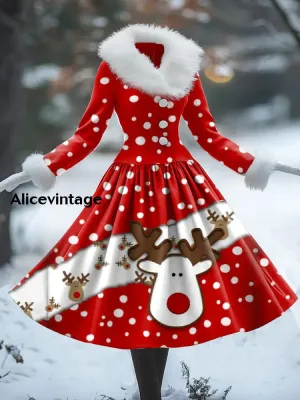 Reindeer Art Print Vintage Elegant Fur Collar Long Sleeve Midi Dress