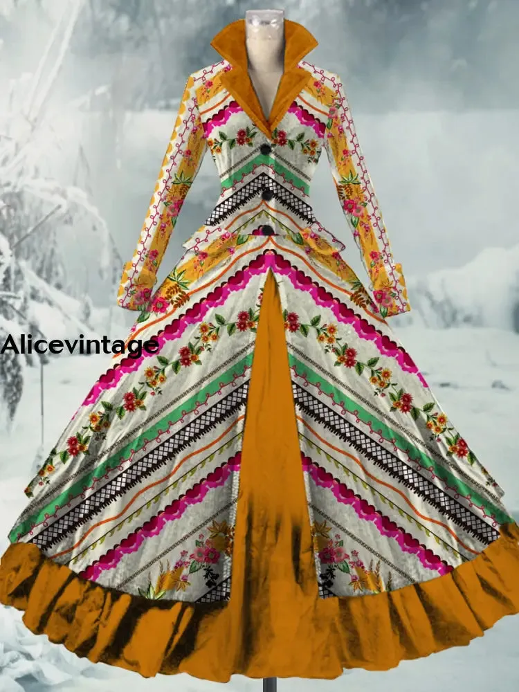 Retro Art Print Vintage Elegant Lapel V-Neck Long Sleeve Maxi Dress