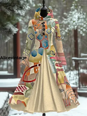 Retro Floral Art Print Hooded Patchwork Long Sleeve 50s Elegant Slim Long Sleeve Fake Two-Piece Midi Dress
