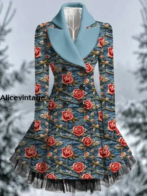 Retro Floral Art Printed Elegant Lapel V-Neck Button Up Thick Long-Sleeved Mesh Gauze Midi Dress