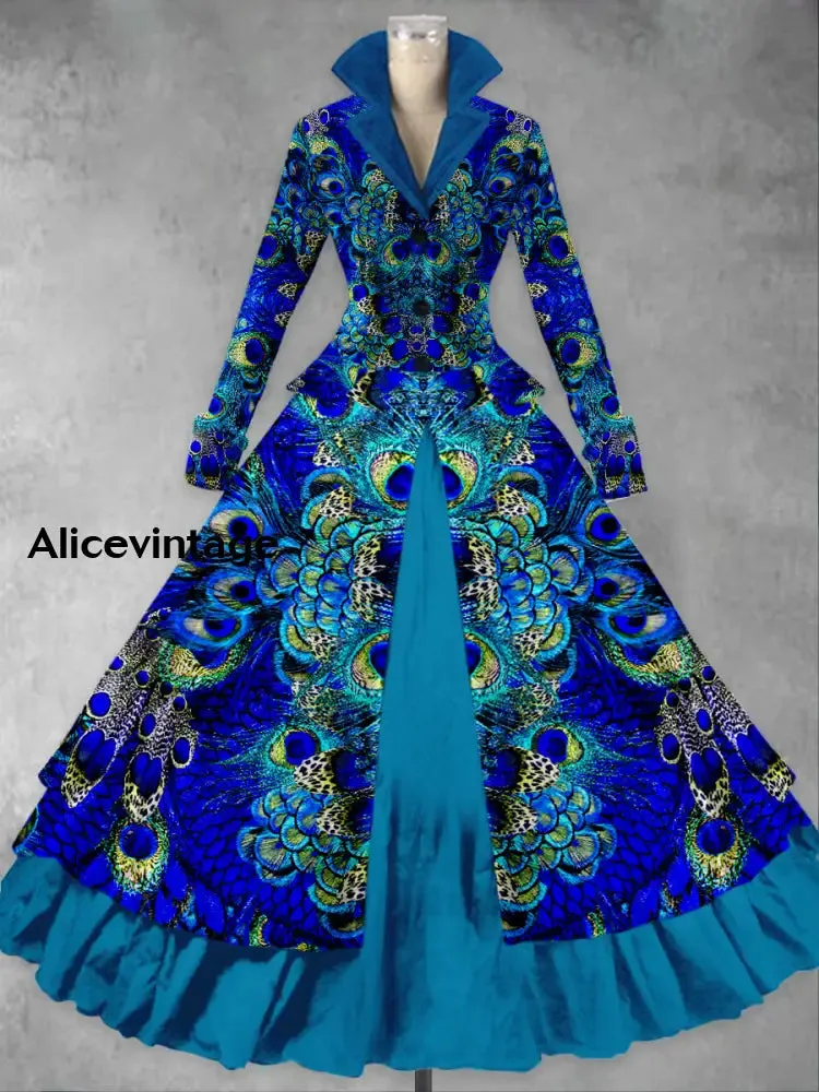 Retro Floral Art Printed Vintage Elegant Lapel V-Neck Button Up Double Hem Long-Sleeved Midi Dress