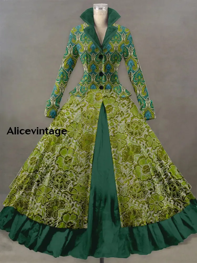 Retro Floral Print Vintage Elegant Lapel V-Neck Long Sleeve Maxi Dress