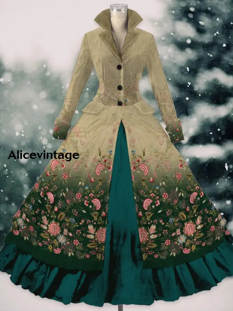 Retro Floral Print Vintage Elegant Lapel V-Neck Long Sleeve Maxi Dress
