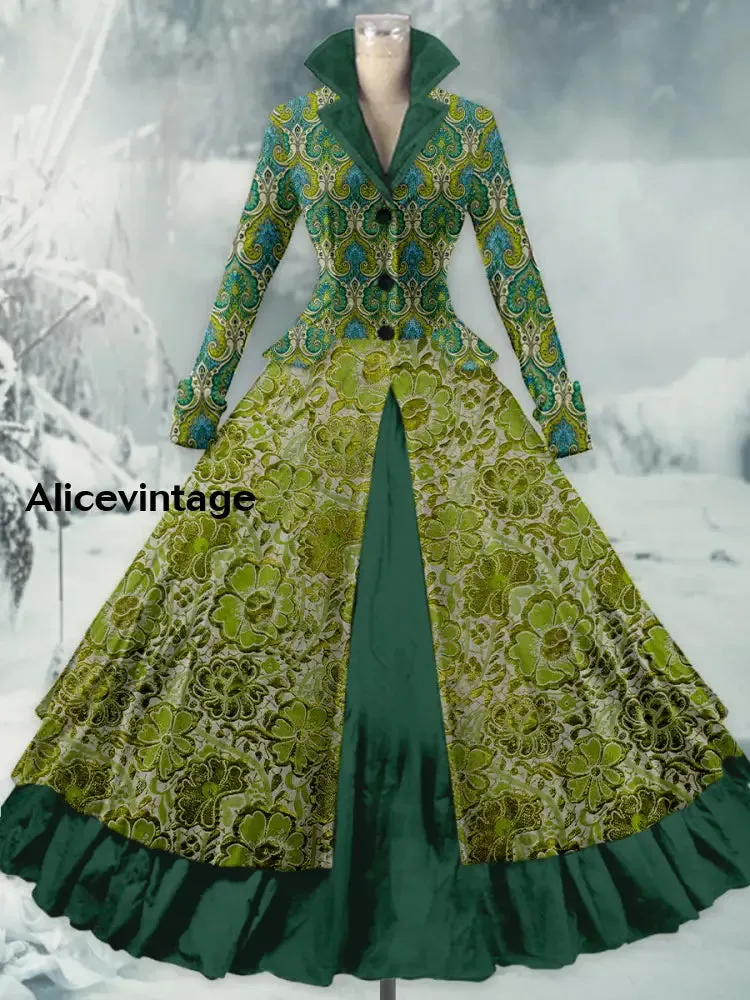 Retro Floral Print Vintage Elegant Lapel V-Neck Long Sleeve Maxi Dress