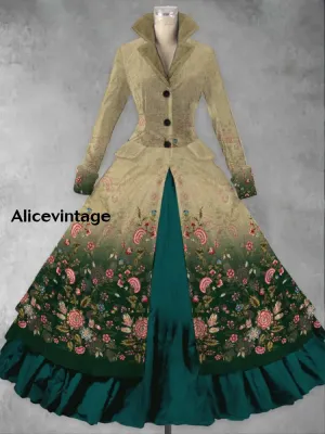 Retro Floral Print Vintage Elegant Lapel V-Neck Long Sleeve Maxi Dress