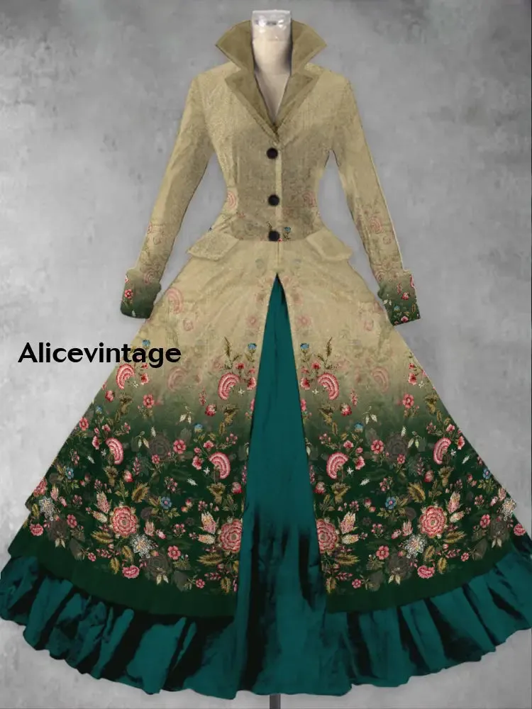 Retro Floral Print Vintage Elegant Lapel V-Neck Long Sleeve Maxi Dress