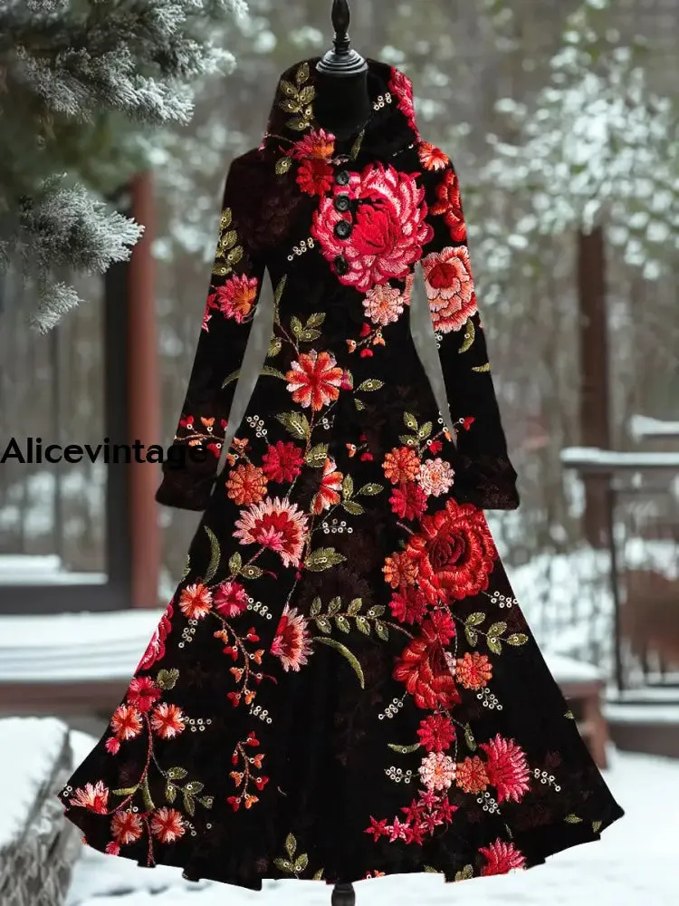 Retro Floral Print Vintage Elegant Long Sleeve Maxi Dress Fake Two Piece Dress