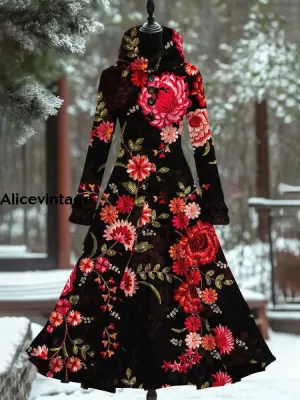 Retro Floral Print Vintage Elegant Long Sleeve Maxi Dress Fake Two Piece Dress