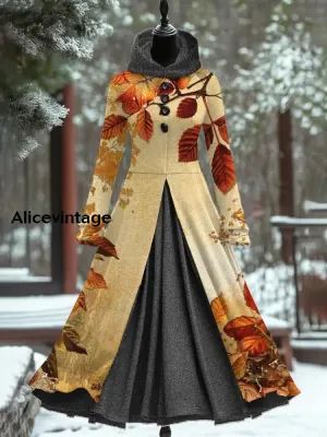 Retro Leaf Print Vintage Elegant Long Sleeve Maxi Dress Fake Two Piece Dress
