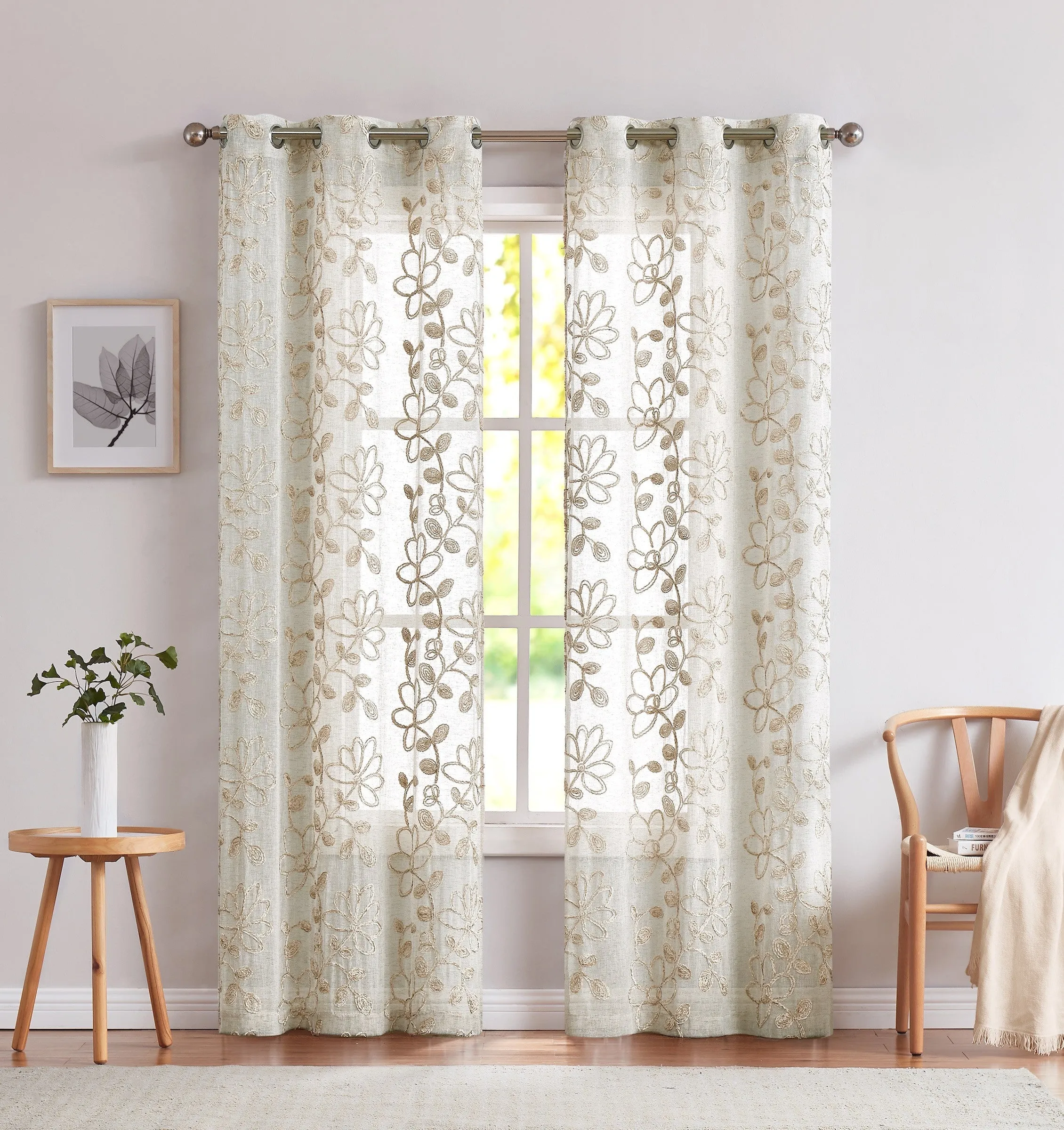 Rita Chenille Embroided Grommet 76"x 84" Window Panel Pair in Linen