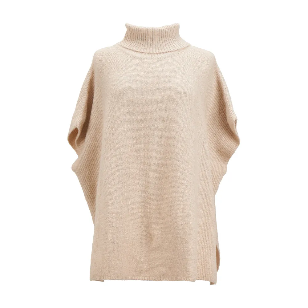 Rolled Neck Knit Poncho - Oatmeal   Black   Melon