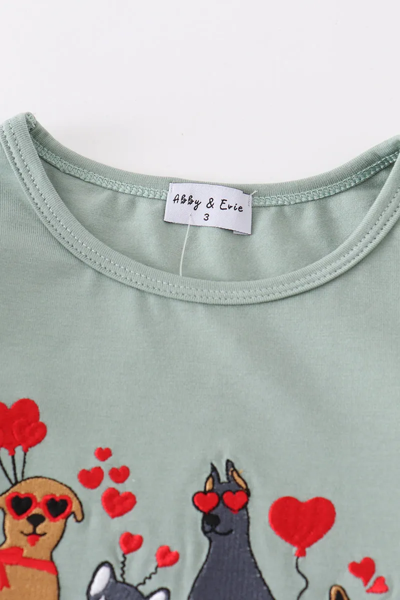 Sage Valentine Puppy Heart Embroidery Girl Set
