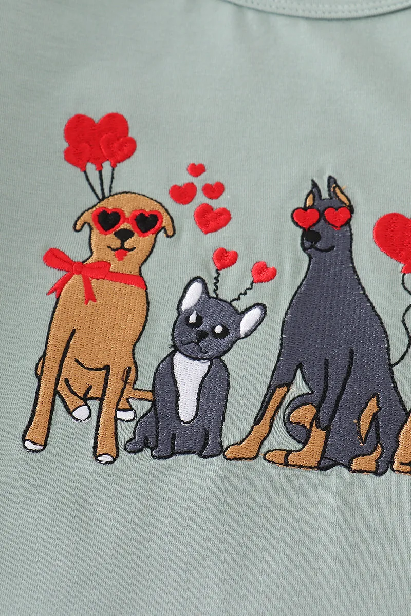 Sage Valentine Puppy Heart Embroidery Girl Set