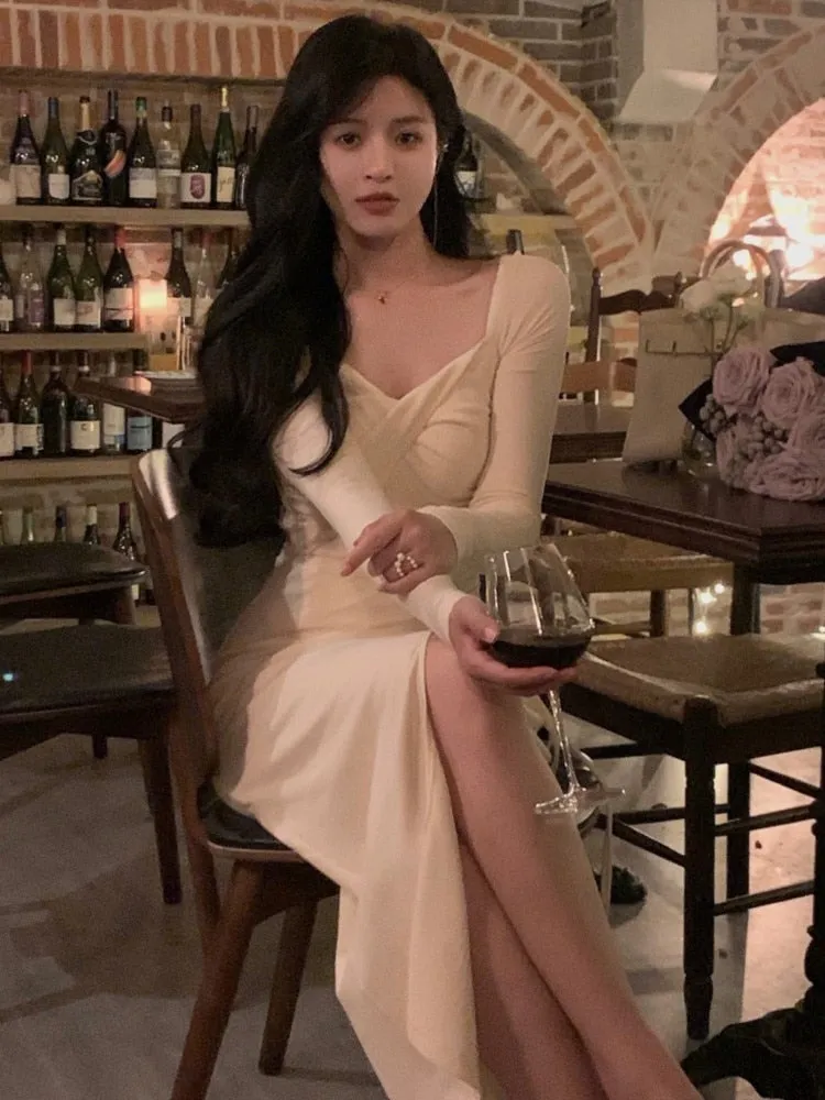 Sexy Elegant Party Midi Dress  Long Sleeve Knit Square Neck Lace-up Dress