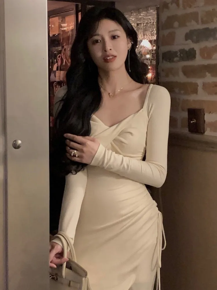 Sexy Elegant Party Midi Dress  Long Sleeve Knit Square Neck Lace-up Dress