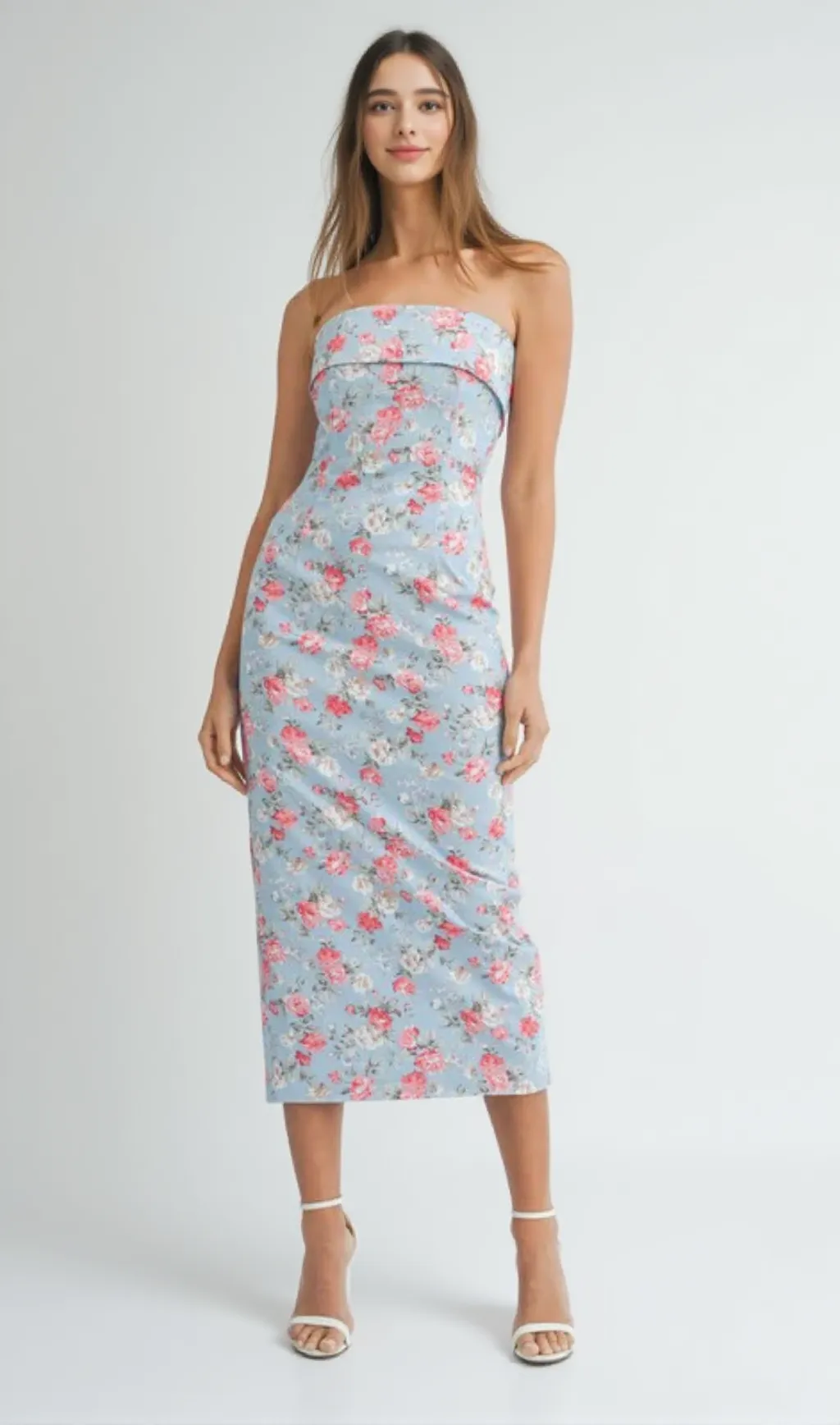 sherry strapless floral midi dress in blue
