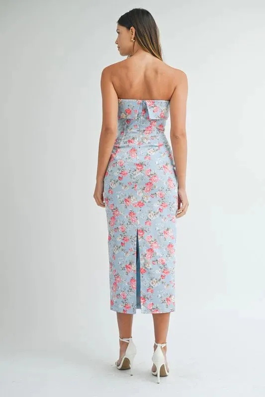 sherry strapless floral midi dress in blue