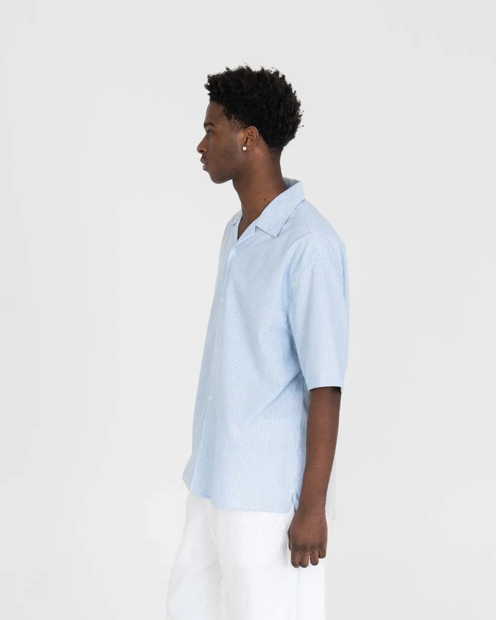 Short Sleeve Linen Shirt Light Blue Striped