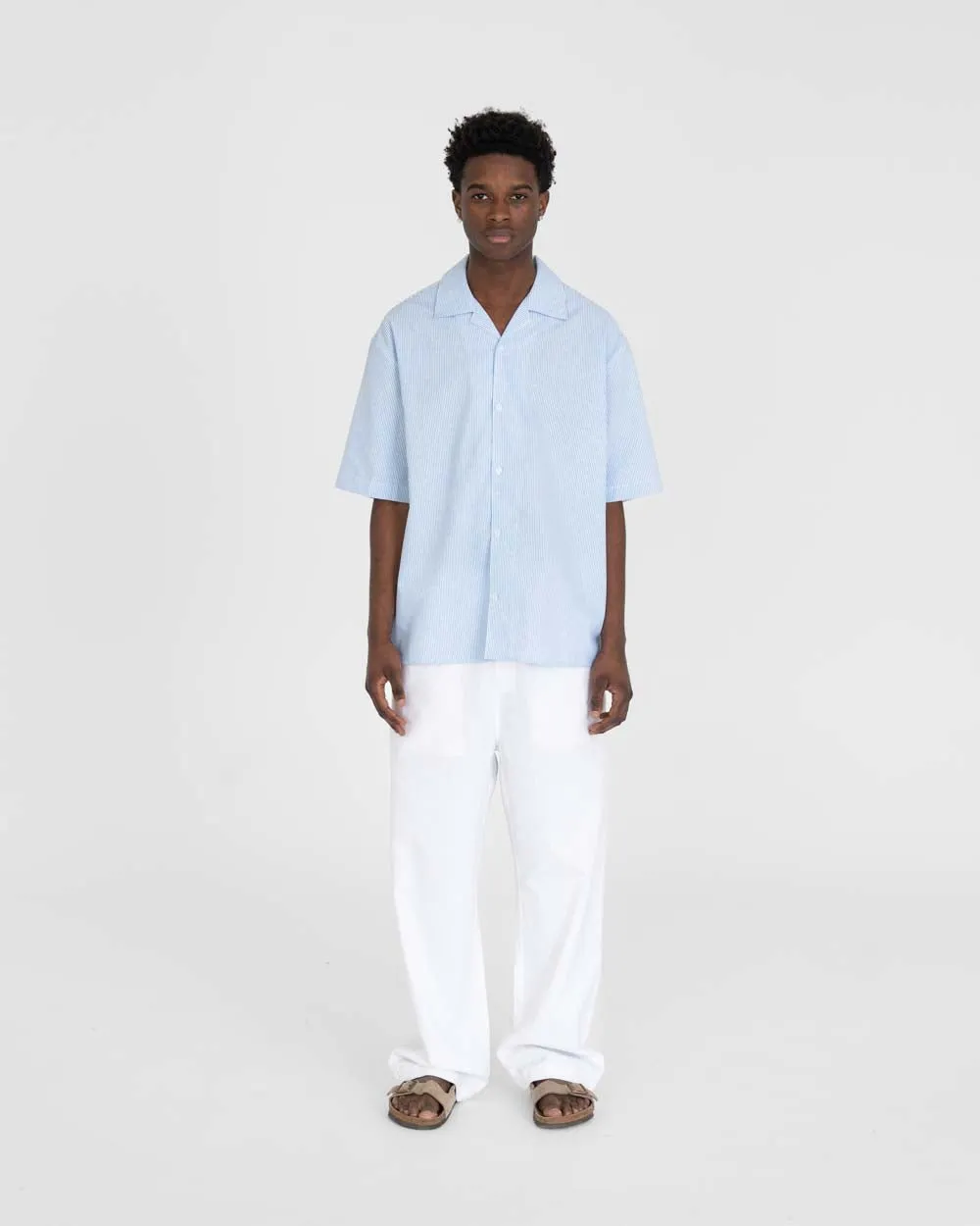 Short Sleeve Linen Shirt Light Blue Striped