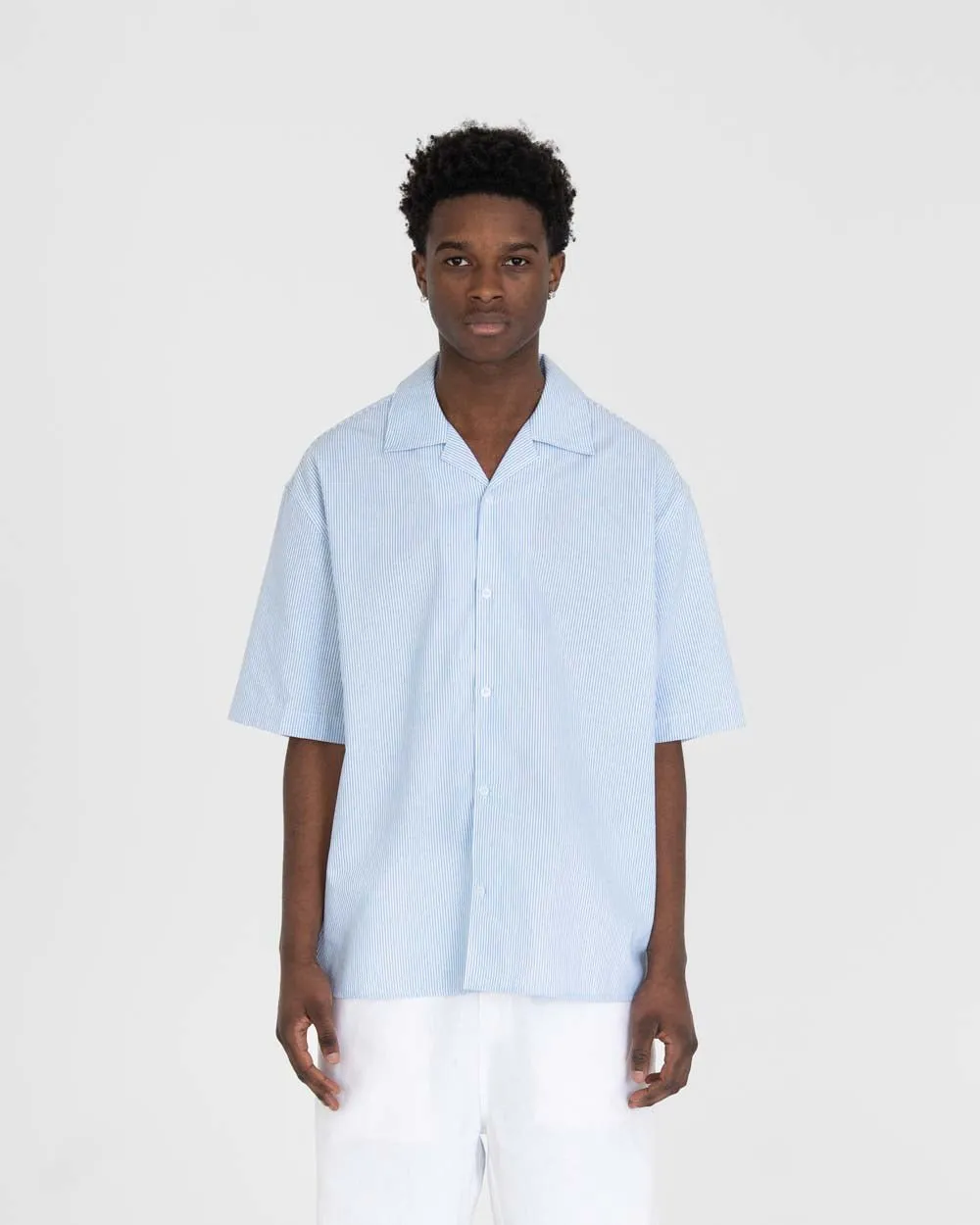 Short Sleeve Linen Shirt Light Blue Striped