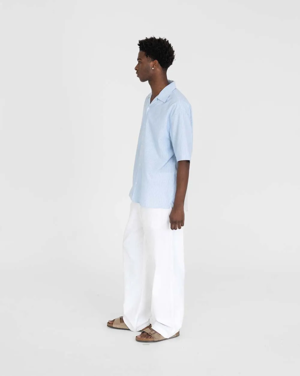 Short Sleeve Linen Shirt Light Blue Striped