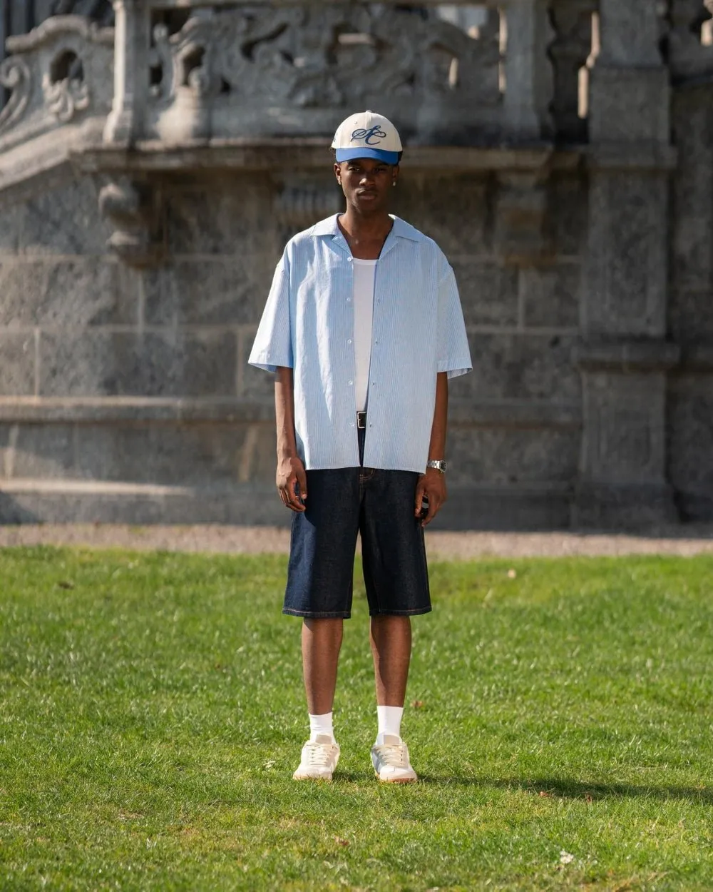 Short Sleeve Linen Shirt Light Blue Striped