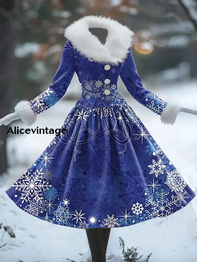 Snowflake Art Print Vintage Elegant Fur Collar Long Sleeve Midi Dress
