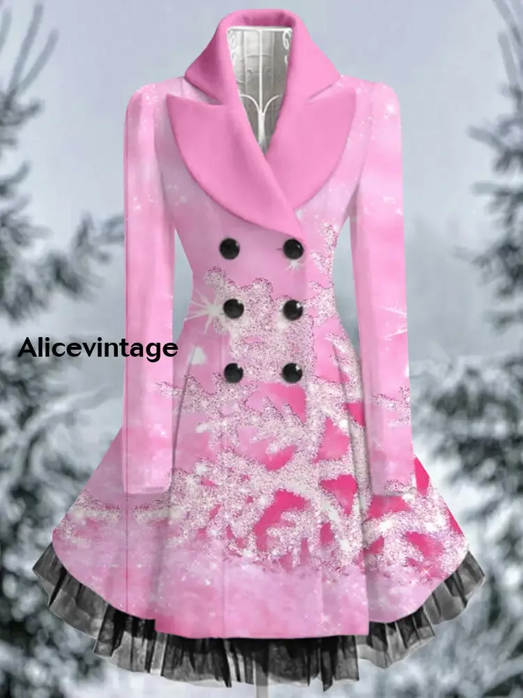 Snowflake Art Print Vintage Elegant Lapel V-Neck Button Up Long Sleeve Coat Dress
