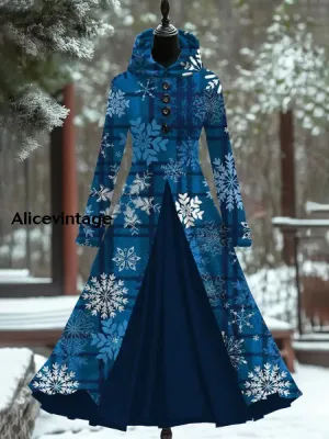 Snowflake Art Print Vintage Elegant Long Sleeve Fake Two Piece Hooded Dress