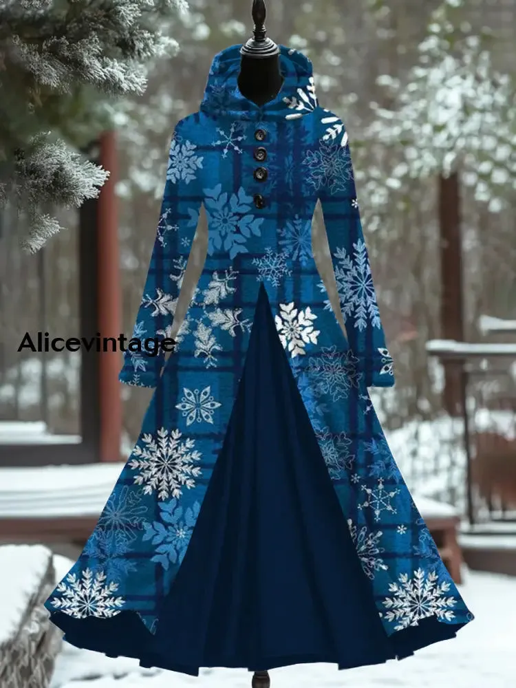 Snowflake Art Print Vintage Elegant Long Sleeve Fake Two Piece Hooded Dress