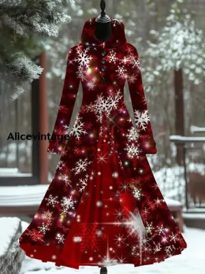 Snowflake Art Print Vintage Elegant Long Sleeve Fake Two Piece Maxi Dress