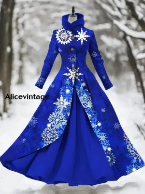 Snowflake Art Print Vintage Elegant Long Sleeve Maxi Dress Fake Two Piece Dress