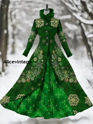 Snowflake Art Print Vintage Elegant Long Sleeve Maxi Dress Fake Two Piece Dress