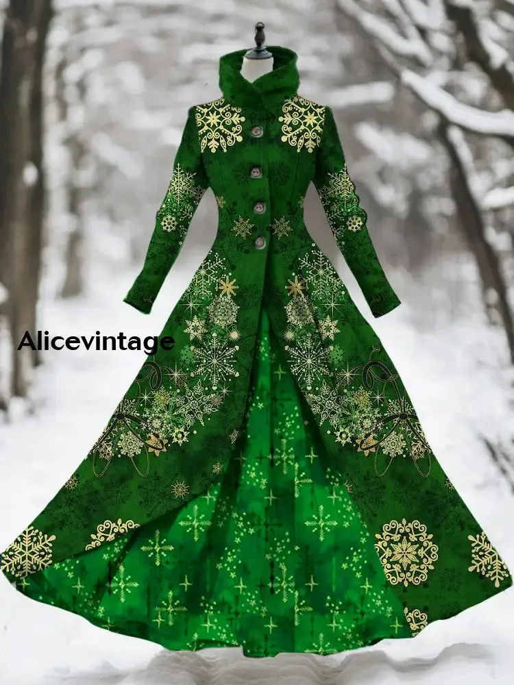 Snowflake Art Print Vintage Elegant Long Sleeve Maxi Dress Fake Two Piece Dress