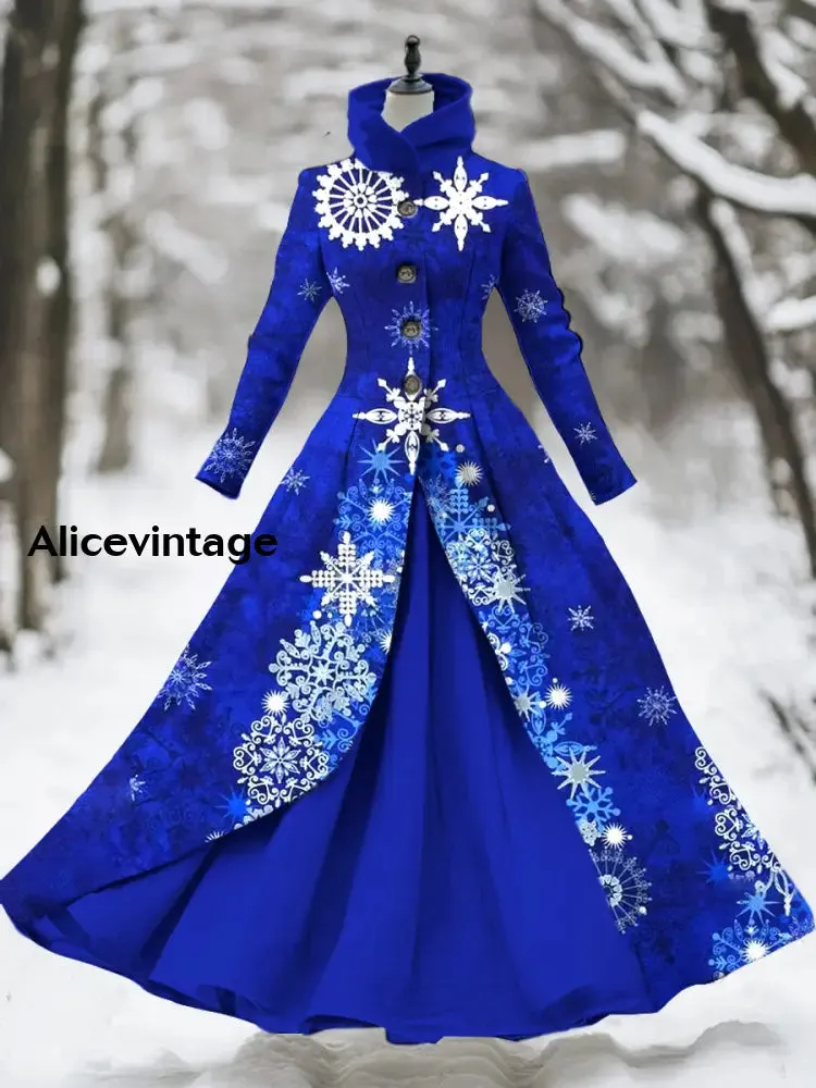 Snowflake Art Print Vintage Elegant Long Sleeve Maxi Dress Fake Two Piece Dress
