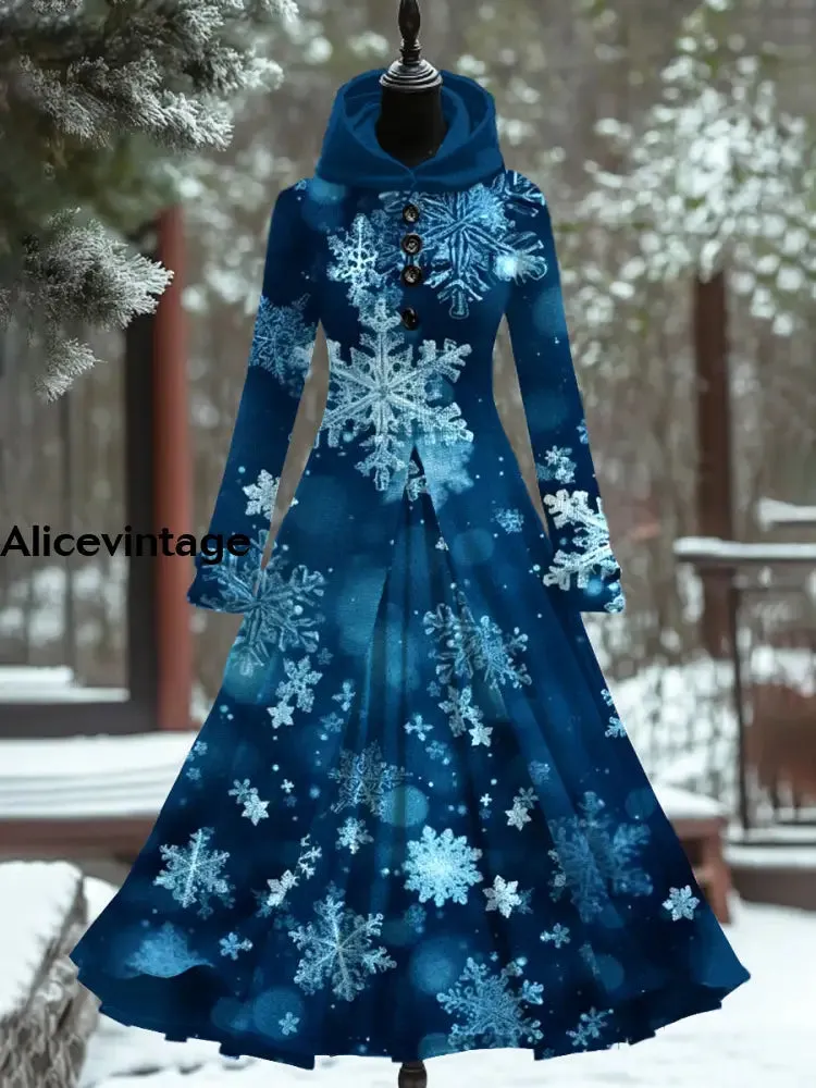 Snowflake Art Print Vintage Elegant Long Sleeve Maxi Dress Fake Two Piece Dress