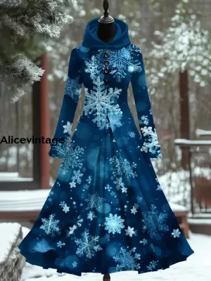 Snowflake Art Print Vintage Elegant Long Sleeve Maxi Dress Fake Two Piece Dress