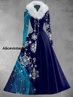 Snowflake Art Print Vintage Elegant V-Neck Fur Collar Long Sleeve Midi Dress