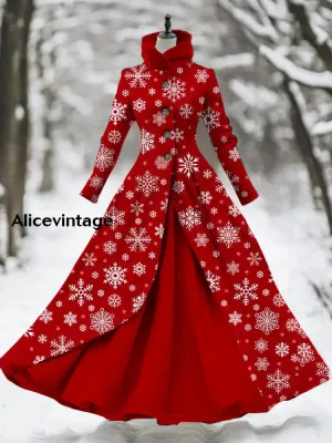 Snowflake Print Vintage Elegant Long Sleeve Maxi Dress Fake Two Piece Dress