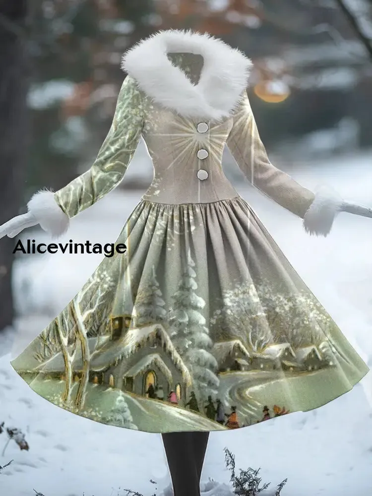 Snowy House Art Print Vintage Elegant Fur Collar Long Sleeve Midi Dress