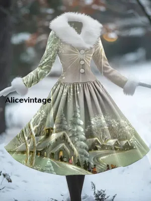 Snowy House Art Print Vintage Elegant Fur Collar Long Sleeve Midi Dress